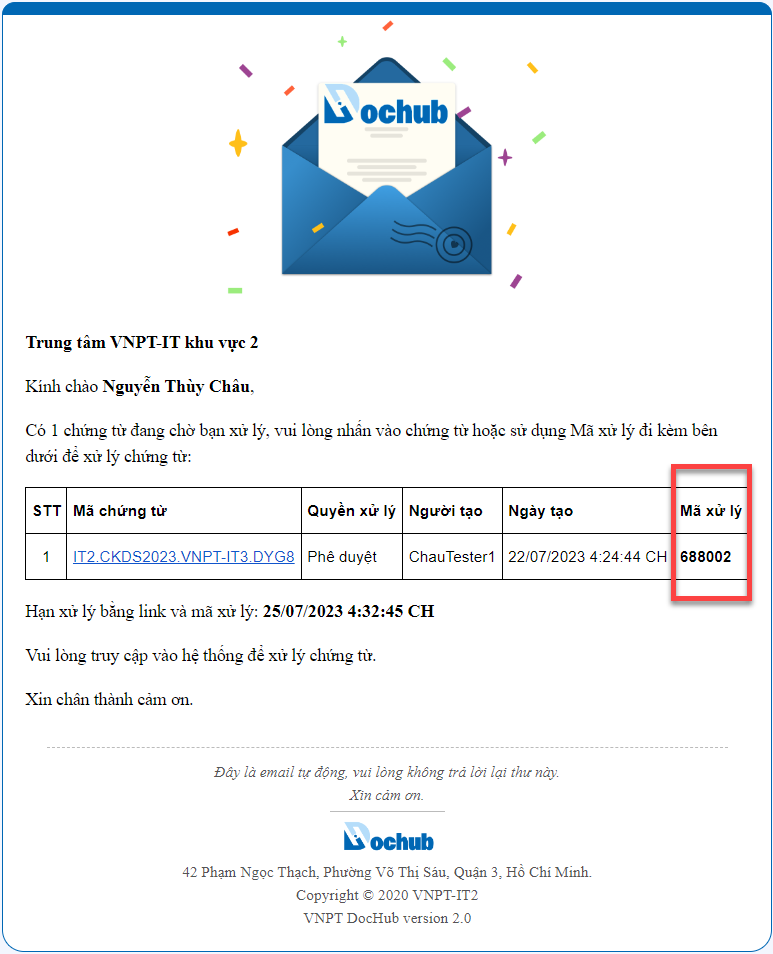 Processing code email notification