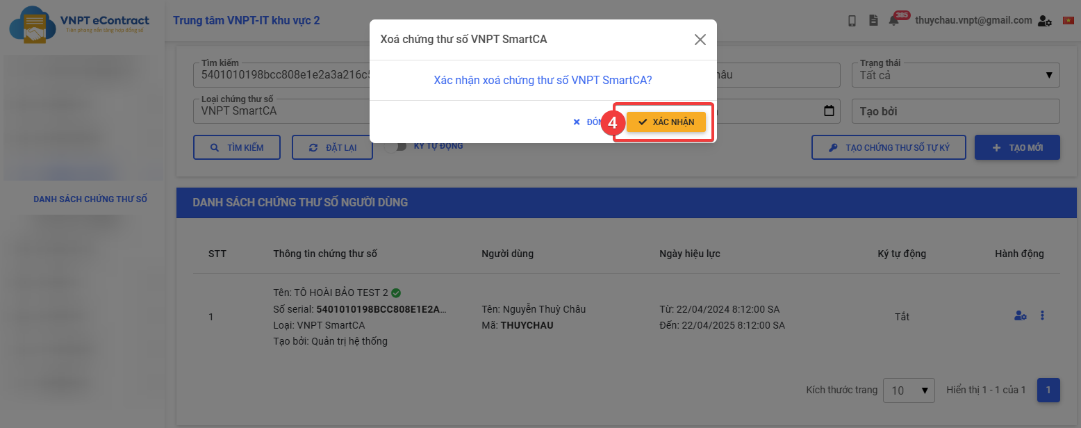 Xóa chứng thư số người dùng
