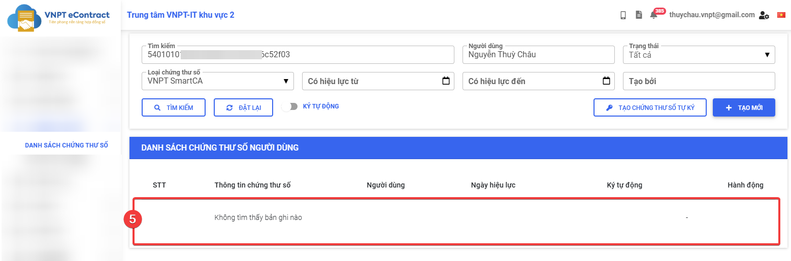 Xóa chứng thư số người dùng