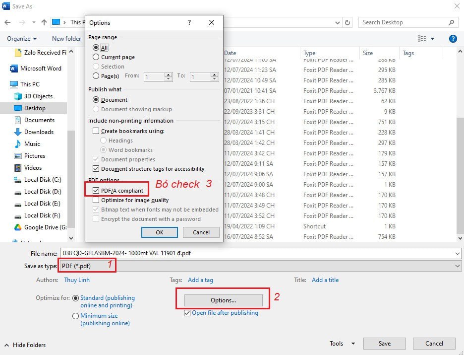 Tắt chế độ PDF/A khi xuất tài liệu word sang pdf